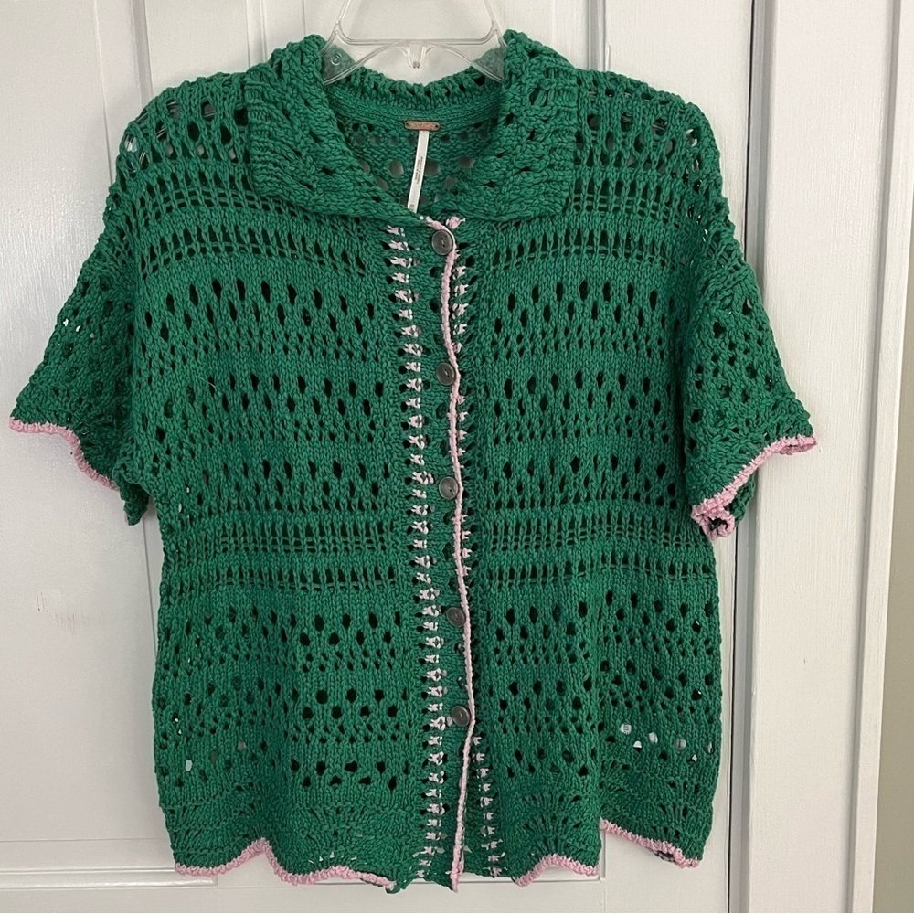 FREE PEOPLE Santa Cruz Club Shirt Golf Green Pink Combo Crochet Grannycore XS - Picture 5 of 16